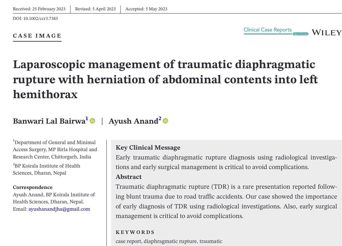 Happy to share!😊

My case has been published in @WileyGlobal clinical case reports 

Thank you🙏🙏 @WileyGlobal and @ayushanandjha 

onlinelibrary.wiley.com/doi/10.1002/cc…

#SoMe4Surgery 
#traumasurgery