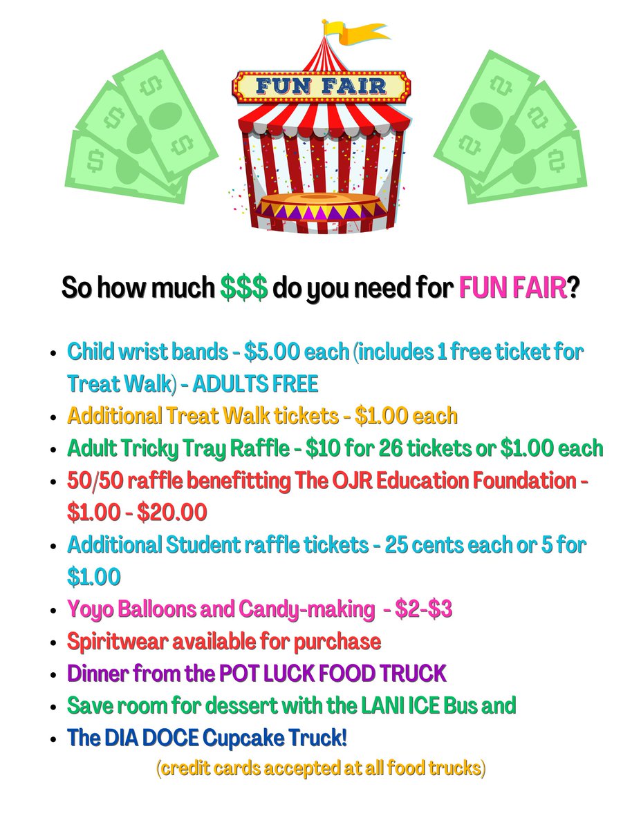 FCVPTA's tweet photo. The French Creek Fun Fair is TONIGHT at 6:00 pm! Here's a cheat sheet to help determine how much $$ to bring as well as The Pot Luck Food Truck Menu. See you tonight! https://t.co/9D2dxR3XjL