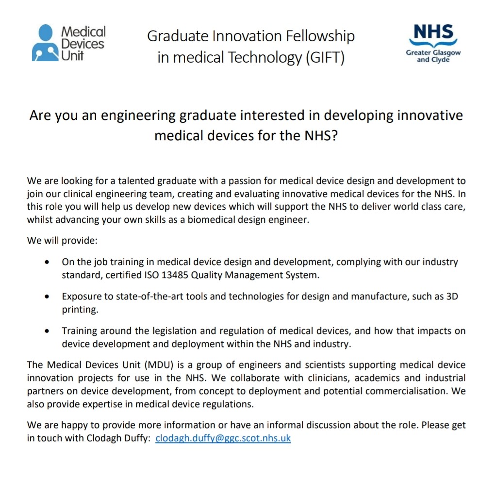 Are you an engineer interested in working for the NHS in Scotland? The Medical Devices Unit in Glasgow are looking to recruit a Biomedical Design Engineer. See the details in the listing, official posting is yet to be published.
#biomedicalengineering #medicaldevices #NHSScotland