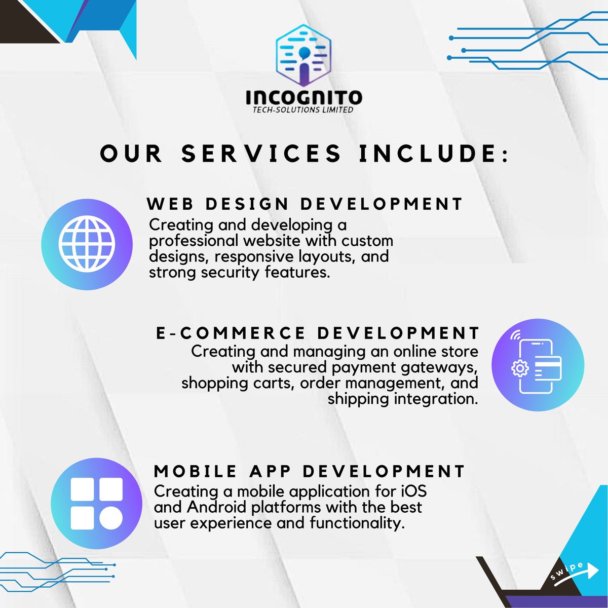 incognito_techs's tweet photo. At Incognito Tech Solutions, we specialize in providing innovative and comprehensive technology solutions that enable our clients to thrive in the ever-changing tech ecosystem.

Here are some of the services we render

#Webdesign #DigitalMarketing #appdevelopment #cybersecurity https://t.co/Vq0gdfJXD1