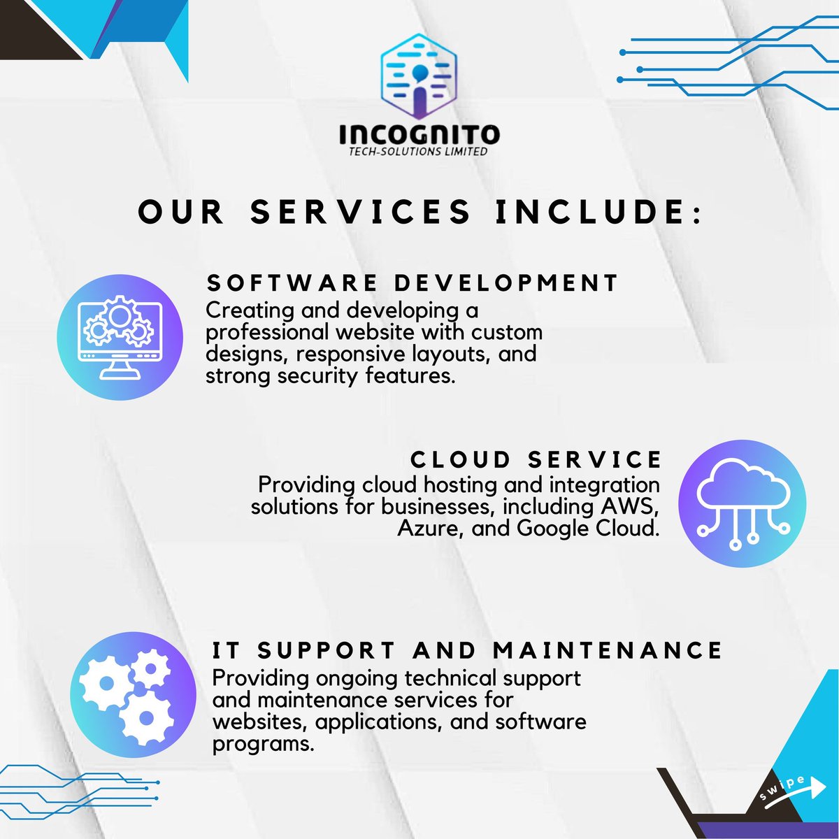 incognito_techs's tweet photo. At Incognito Tech Solutions, we specialize in providing innovative and comprehensive technology solutions that enable our clients to thrive in the ever-changing tech ecosystem.

Here are some of the services we render

#Webdesign #DigitalMarketing #appdevelopment #cybersecurity https://t.co/Vq0gdfJXD1