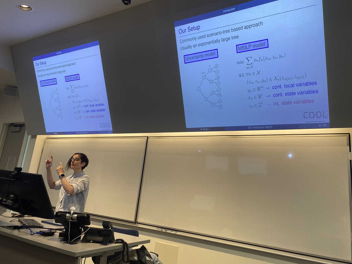 My amazing former PhD advisor <a href="/meurevine/">MBodur</a> is here at <a href="/HEC_Montreal/">HEC Montréal</a> talking about Markov Chain policies for Multistage Mixed-integer SP.
Look how passionate she is!
#MonarchsOfMIP