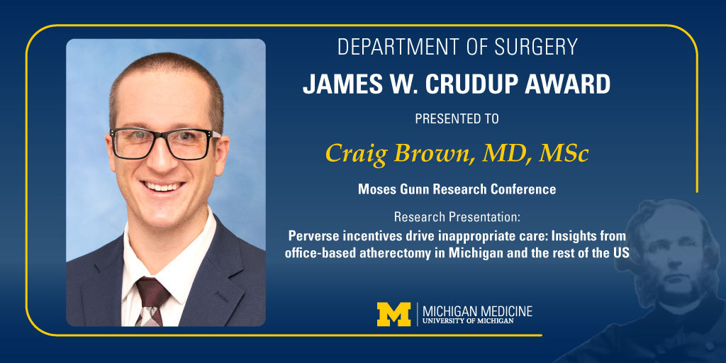 Michigan Surgery (@umichsurgery) on Twitter photo The James W. Crudup Award is presented annually to the chief resident who has demonstrated the most outstanding accomplishments in research during residency training.
Congratulations to <a href="/CraigBrownMD/">Craig S. Brown, MD, MSc</a> for being that resident! ππ
Mentors: <a href="/henke1965/">peter henke</a> & <a href="/nichosbo/">Nick Osborne</a> #MosesGunn2023 The James W. Crudup Award is presented annually to the chief resident who has demonstrated the most outstanding accomplishments in research during residency training.
Congratulations to <a href="/CraigBrownMD/">Craig S. Brown, MD, MSc</a> for being that resident! ππ
Mentors: <a href="/henke1965/">peter henke</a> & <a href="/nichosbo/">Nick Osborne</a> #MosesGunn2023