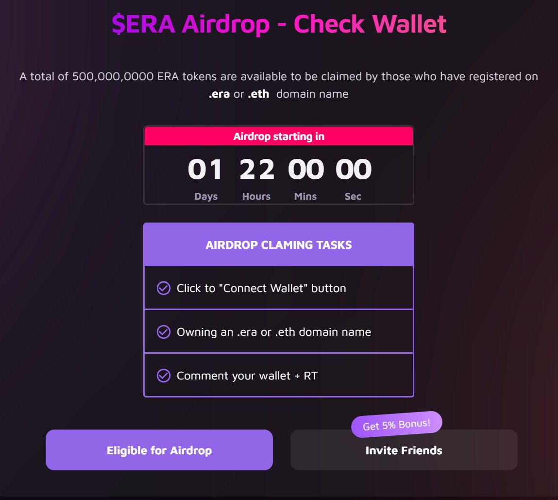 $ERA AIRDROP CONFIRMED 🪂 Complete the following steps and join the #Airdrop📝 1⃣ Click 'Connect' button on airdrop.era.name 2⃣ Owning an .era or .eth domain name 3⃣ RT + Comment your wallet address That's it! 🚀