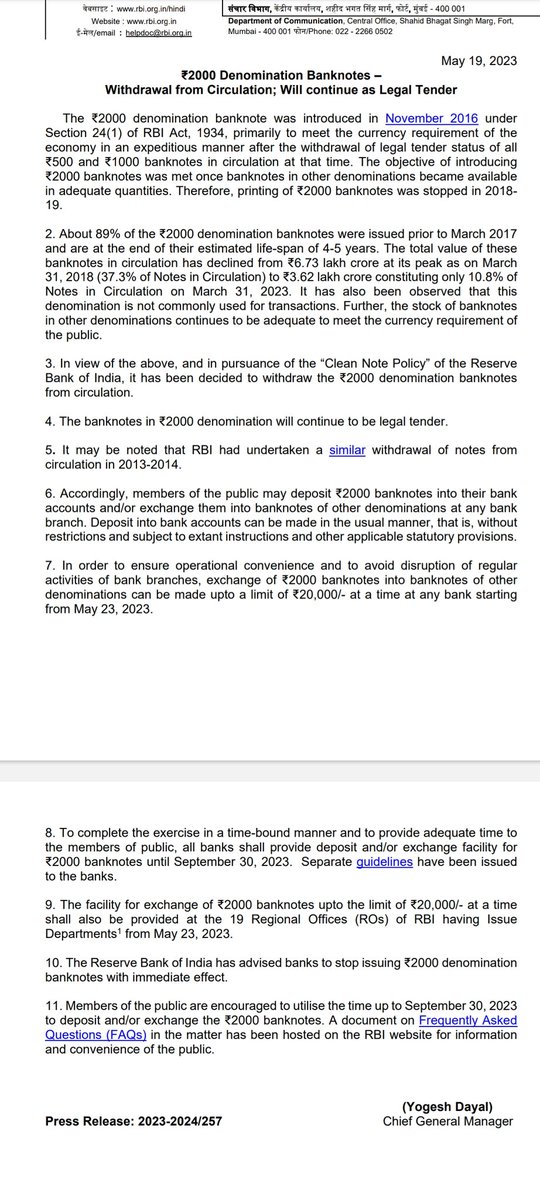 RudreshKunde's tweet photo. ₹2000 Denomination Banknotes – Withdrawal from Circulation; Will continue as Legal Tender

#RBI #2000 #Currency #MONEY https://t.co/yhv04bvECh
