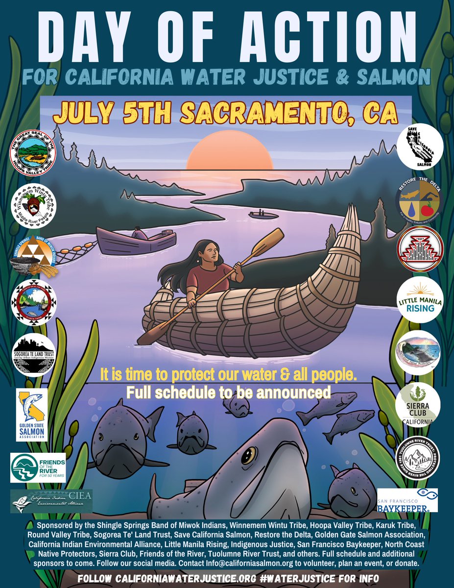 SaveCaliSalmon's tweet photo. Join us for a Day of Action for #California #WaterJustice &amp; salmon on 7/5. Our rivers &amp; Delta are in crisis, salmon face extinction &amp; communities are suffering
It's time to reform water laws!
@TheKarukTribe
@HoopaTribe
@winnememwintu
@RestoretheDelta
@goldenstsalmon
@littlemanila https://t.co/41UAGuisiW