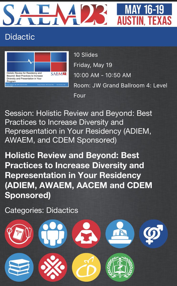 alvarezzzy's tweet photo. Home stretch at #SAEM23... Join this important conversation on #holisticreview in recruitment in residency and beyond to advance diversity and representation in medicine.
#MedEd #eras2023 #Match2022 #Match2023 #medstudenttwitter https://t.co/iFzygkTvl2