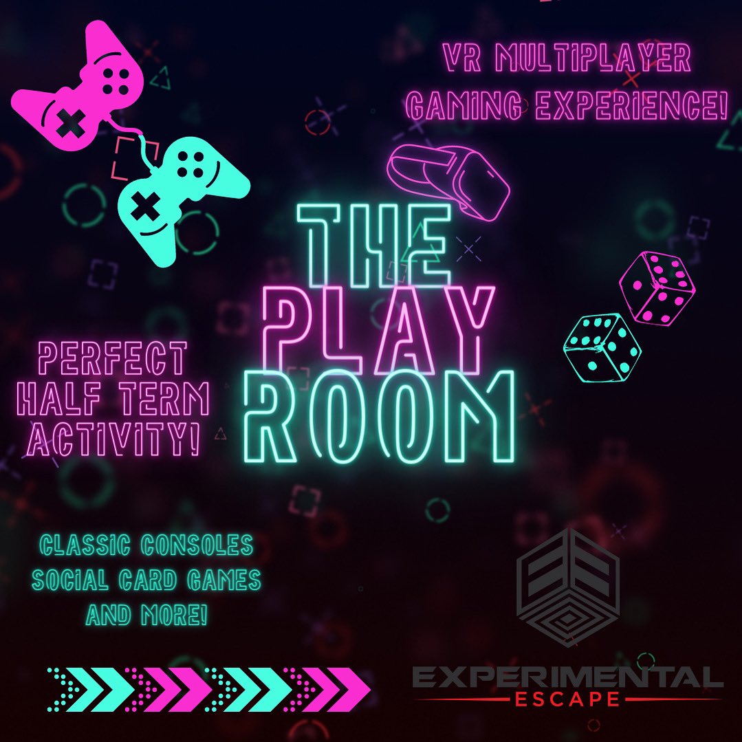 ExperimentalEsc's tweet image. Looking for a new activity over the half term? 

Try our new playroom with a huge variety of classic games and consoles or experience our virtual reality game selection - try something you’ve never done before!
Suitable for adults and kids 10+ and for just £80! (4-10 people)