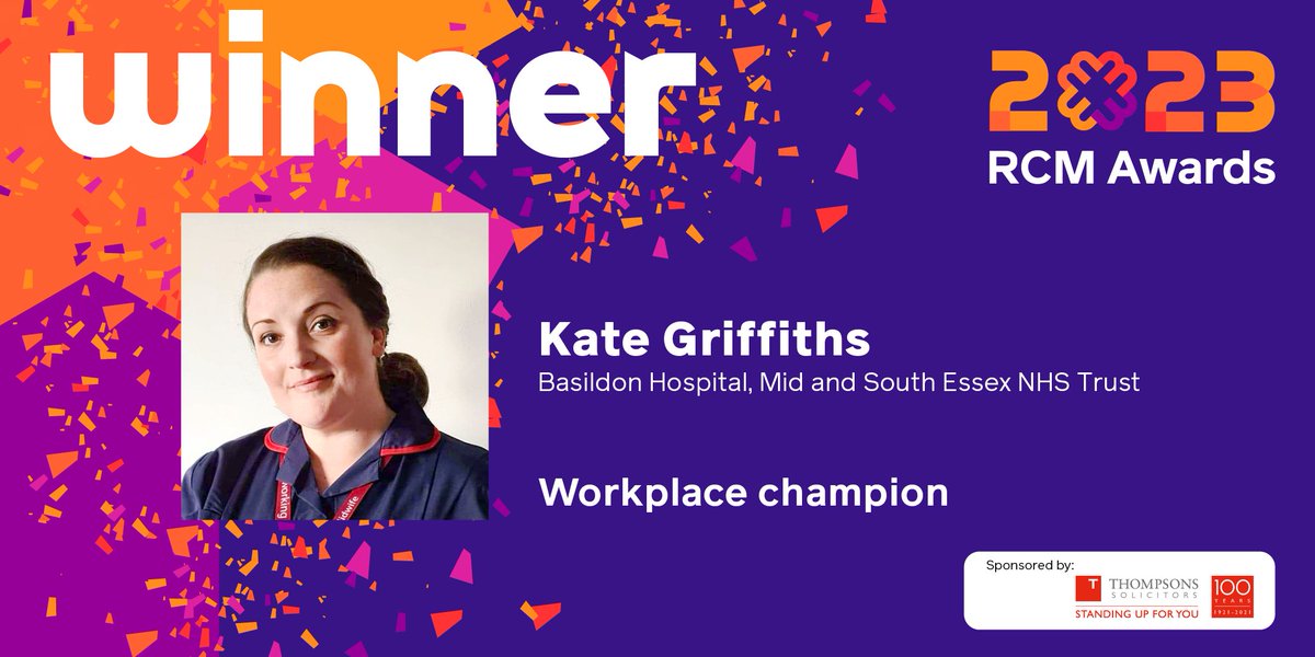 MidwivesRCM's tweet photo. The final category to announce this afternoon is the #rcmwinner for Workplace Champion, sponsored by @ThompsonsLaw. Congratulations to Kate Griffiths, Basildon Hospital, Mid and South Essex NHS Trust @MSEHospitals! #rcmawards https://t.co/2O2U6FWxU4
