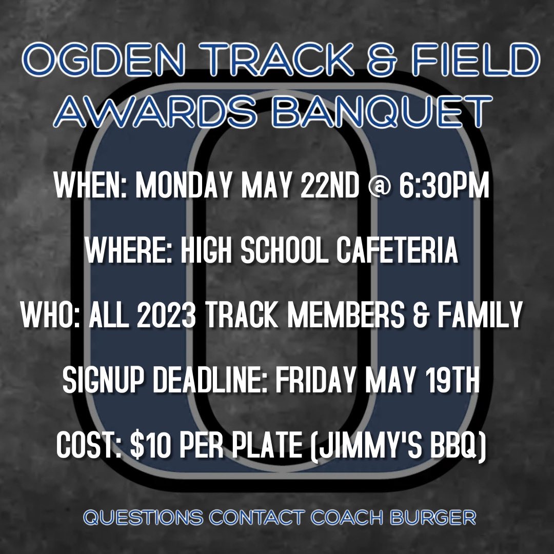 ogden_track's tweet photo. Reminder that we need numbers for the track banquet today.  Please try and have this done by noon today so that we can get numbers to the caterer!  Thanks https://t.co/zHkvYdP0IU