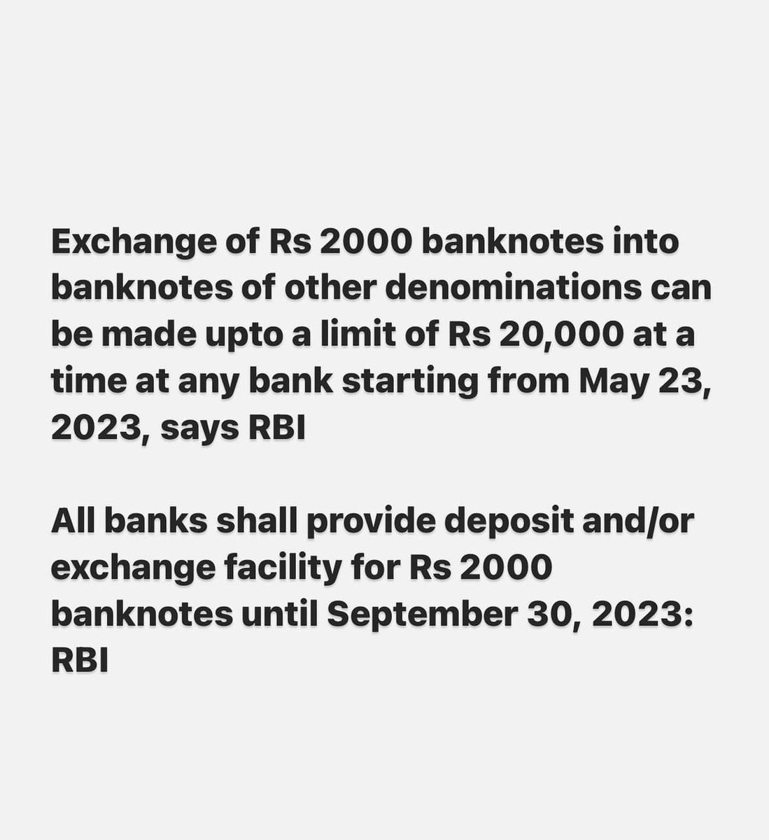 sridevisreedhar's tweet photo. #RBI to withdraw #Rs2000 currency note from circulation!!
However will continue as legal tender.
People can exchange their ₹2K notes through banks from May 23, 2023 till Sept 30, 2023.
#Rs2000NotesWithdrawn https://t.co/Kyrwhco4Qn
