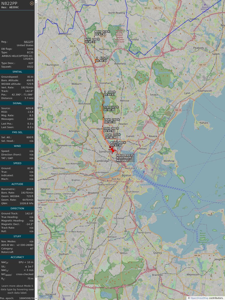 ICAO: #AB399C
Flt: #N822PP #MassachusettsStatePolice #LWM-#LWM
First seen: 2023/05/19 10:55:27
Min Alt: 250 ft MSL
Min Dist: 0.2 mi

#planefence #adsb - planefence.com/medford
globe.adsbexchange.com/?icao=ab399c