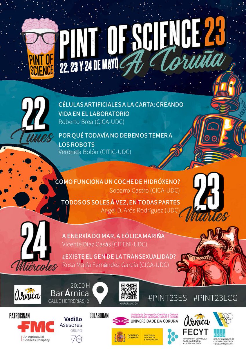 CITENI_UDC's tweet photo. 🍻 Xa está aquí o festival #PintofScience! Bares e ciencia unidos nun cóctel explosivo que mistura diversión e divulgación científica. Achégate!
📅 22-24 de maio
 ⏱ 20 h
📍Árnica Café e La Olímpica Bar na #Coruña #PINT23ES #PINT23 @pintsworld @pintofscienceES https://t.co/r3w90broOL
