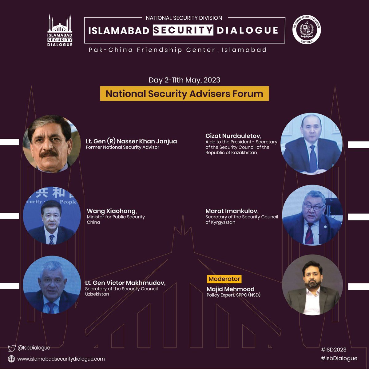 IsbDialogue's tweet image. Session 4: NSA’s Forum was held on the 2nd Day of the #ISD2023. Lt. Gen. (R) Nasser Khan Janjua delivered the keynote &amp;amp; #NSAs of China, Kazakhstan,  Kyrgyzstan, &amp;amp; Uzbekistan delivered their speeches. The session was moderated by Majid Mehmood. 

Link: m.youtube.com/watch?v=ZfObbr…