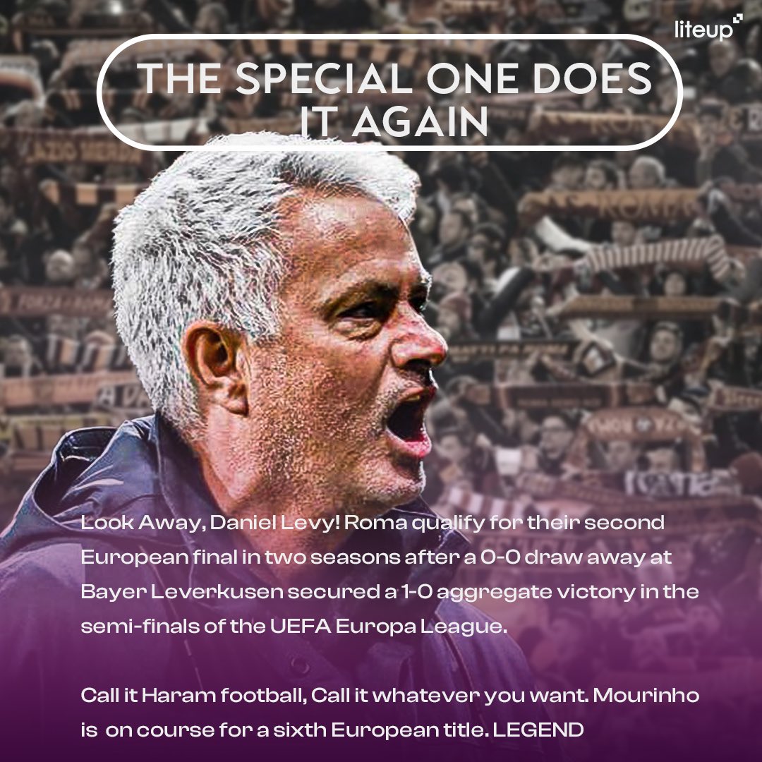 Theliteup's tweet photo. AS Roma are into the Finals of the UEFA Europa League 🏆

Jose Mourinho has now reached back to back Finals with AS Roma in the European competitions with a net spend of just (7m€).

The Special One ! https://t.co/NWckgZm68A