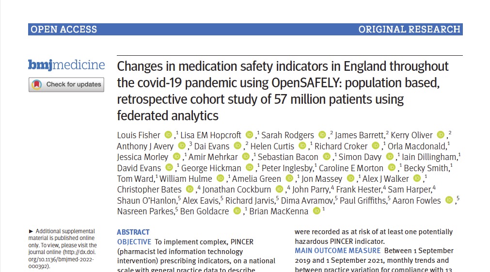New article from @OpenSAFELY @MedicineUoN & PRIMIS published today in @BMJMedicine 

'Changes in medication safety indicators in England throughout the covid-19 pandemic using OpenSAFELY...'

The study utilised the #PINCER safety indicators
bmjmedicine.bmj.com/content/2/1/e0…