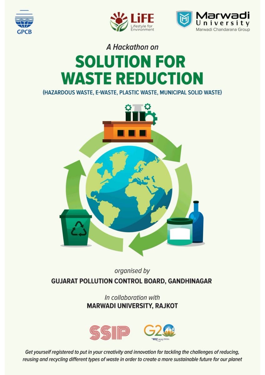 GPCB_KUTCH_WEST's tweet photo. GPCB has organized Hackathon on " Waste Reduced" under Mission LiFE in collobration with Marwadi University, Rajkot. Registration for Hackathon starts from 11/05/2023.
#hackathon #5Rs #missionlife #lifeforenvironment #solutionsforenvironment #reduce #recycle #lifestylechange https://t.co/symy5KblzB