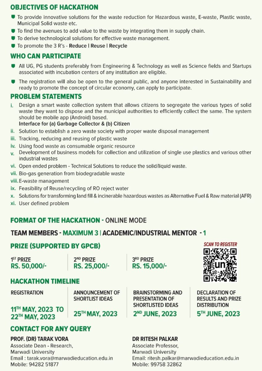 GPCB has organized Hackathon on " Waste Reduced" under Mission LiFE in collobration with Marwadi University, Rajkot. Registration for Hackathon starts from 11/05/2023. 
#hackathon #5Rs #missionlife #lifeforenvironment #solutionsforenvironment #reduce #recycle #lifestylechange