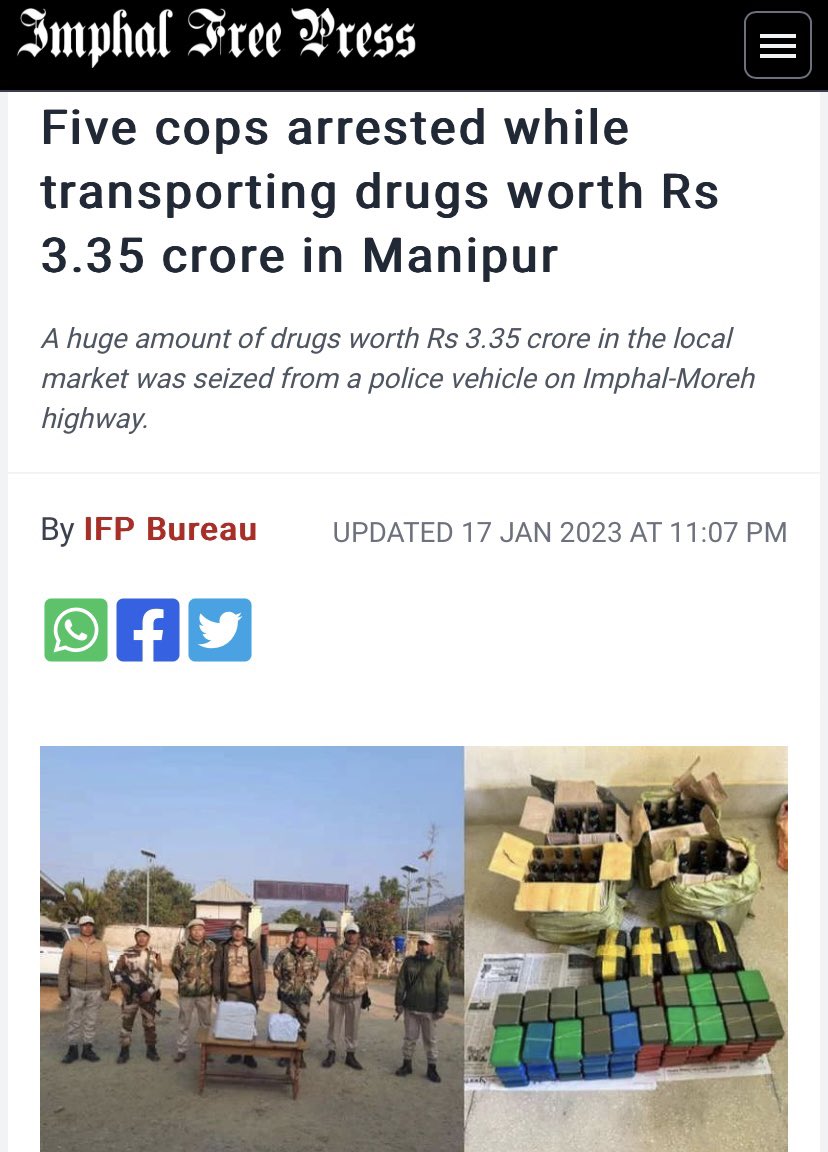 unlawful_lawyer's tweet photo. The arrested people have been identified as Havildar Kh Achouba Singh, Constable Y Dineshwor Singh and Riflemen Th Subhash Chothe, M Premchandra Singh and N Dorendrajit Singh.

Allegations against the tribals, but all the major players point to Meiteis.

#SeparateOnlySolution https://t.co/cyjzjXDyvw