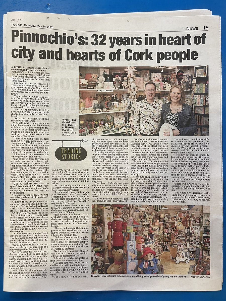 Thank you @Darragh_Ber and @echolivecork for celebrating with us, 40 years of Pinocchio’s in November, 32 for us, who is the oldest retailer in Cork, there must still be a few who’ve been around even longer, well done to them too #purecork