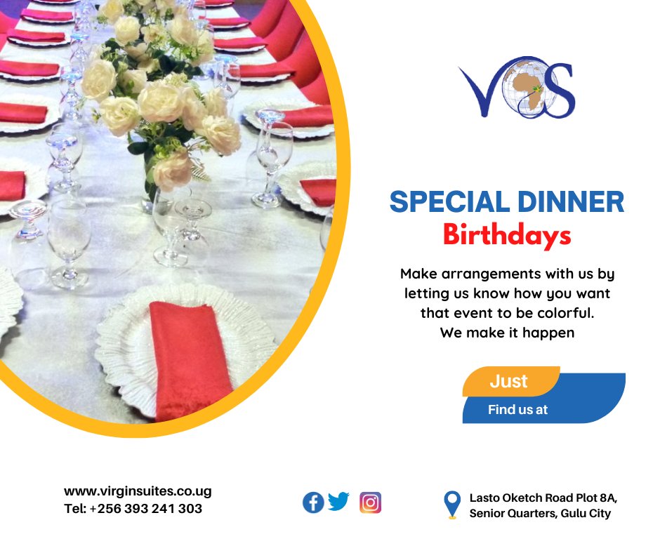 Virginworlds's tweet photo. Did you know we arrange special dinners like: Birthdays, corporate board meetings, handovers, baby showers etc😍😍😍
#VWS #VirginWorldSuites #visitaGulu #GuluCity #GuluHotels 

For bookings
📍Call ☎ +256 393 241 303
Find us at Lasto Oketch Road Plot 8A Senior Quarters, Gulu City https://t.co/qLJY4ZWBxY