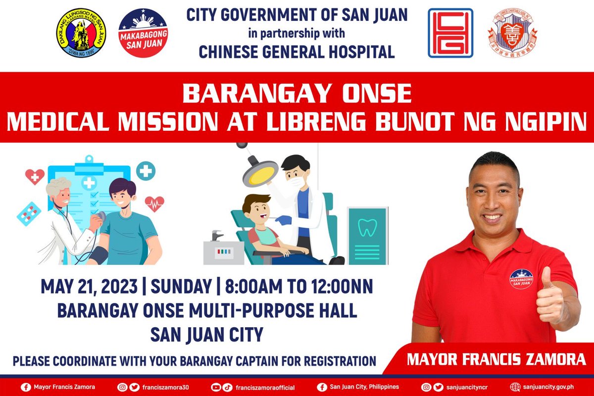 franciszamora30's tweet photo. Mga minamahal kong San Juaneño, magkakaroon po tayo ng Medical Mission at Libreng Bunot ng Ngipin para sa 4 na Barangay - Onse, Tibagan, St. Joseph at Isabelita na gaganapin sa May 21, 2023, Linggo, 8am hanggang 11am sa Barangay Onse Multipurpose Hall. https://t.co/w5sKhgvwqw