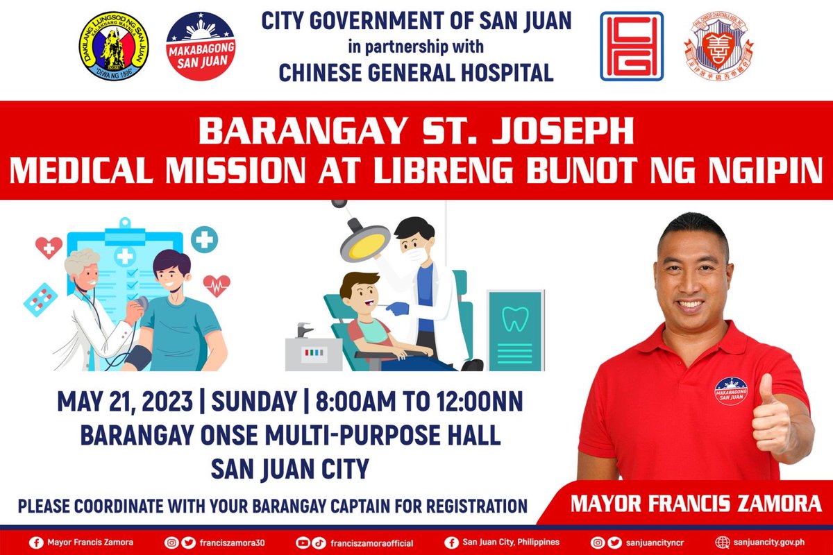 franciszamora30's tweet photo. Mga minamahal kong San Juaneño, magkakaroon po tayo ng Medical Mission at Libreng Bunot ng Ngipin para sa 4 na Barangay - Onse, Tibagan, St. Joseph at Isabelita na gaganapin sa May 21, 2023, Linggo, 8am hanggang 11am sa Barangay Onse Multipurpose Hall. https://t.co/w5sKhgvwqw