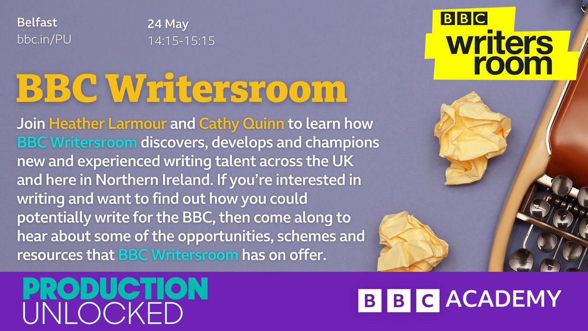Join @HeatherLarmour and @CathyMQuinn to learn how @bbcwritersroom discovers, develops and champions writing talent across NI and GB.

This is a critical session for anyone interested in writing for the @BBC.

#ProductionUnlocked • Belfast • 24 May
Free: bbc.in/PU