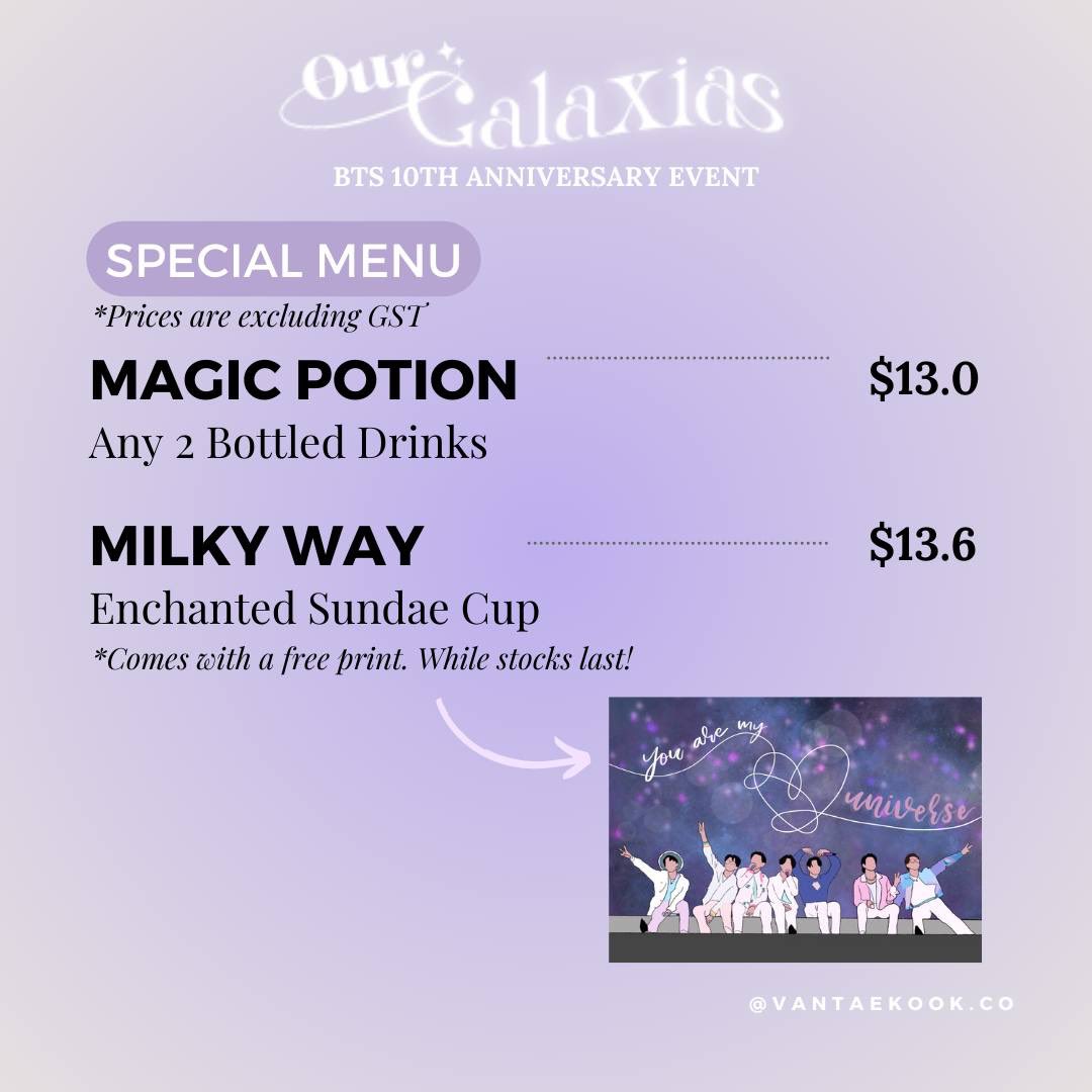 vantaekook_co's tweet photo. Please note that prices for special menu are subjected to GST.
#btscollab #btsfanart #btsgoods #btsshop #bts #borahaebts #btsfanmerch #army #방탄소년단 #smallbusiness #magicshop #OurGalaxias #BTS10thANNIVERSARY https://t.co/J3panGRE76