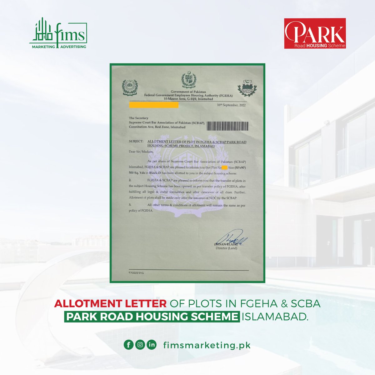 Fimsmarketing1's tweet photo. Allotment letter of plots in FGEHA &amp; SCBA Park Road Housing Scheme Islamabad.
Booking Available
10 Marla &amp; 1 Kanal.
Contact now booking and details.
0308 6444402
#fimsmarketing #parkhousing #property #fims #realestate #plots #home #house https://t.co/GxUM7yTyrX