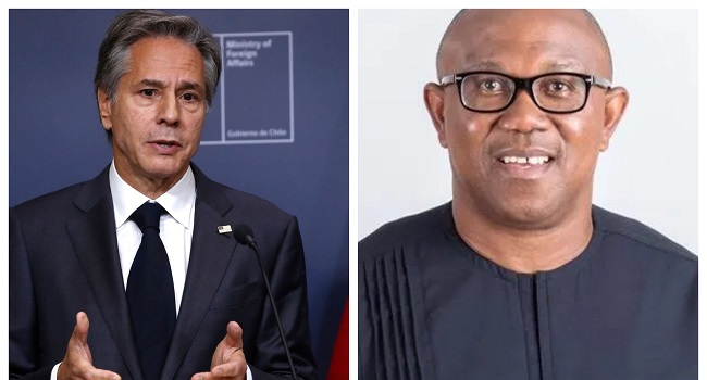 channelstv's tweet photo. The presidential candidate of the Labour Party, Peter Obi, has expressed displeasure with U.S. Secretary of State Antony Blinken’s phone call to the President-elect, Bola Tinubu, saying that its basis lacked clarity.
https://t.co/ADcYngTD42