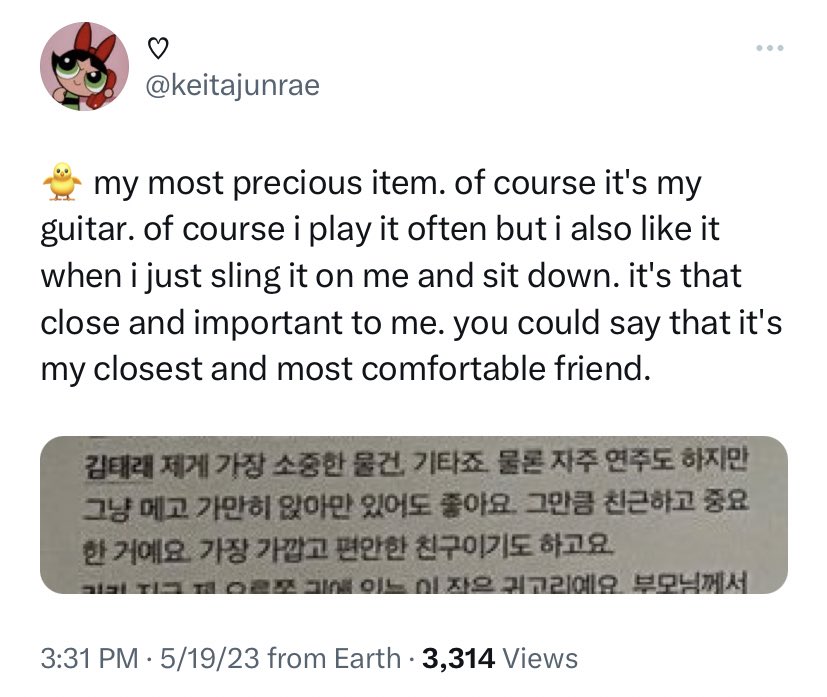 zhang hao and taerae's most precious item

it's hao and his violin and taerae and his guitar against the world 🥹 now give the people what they want: a duet! 😭