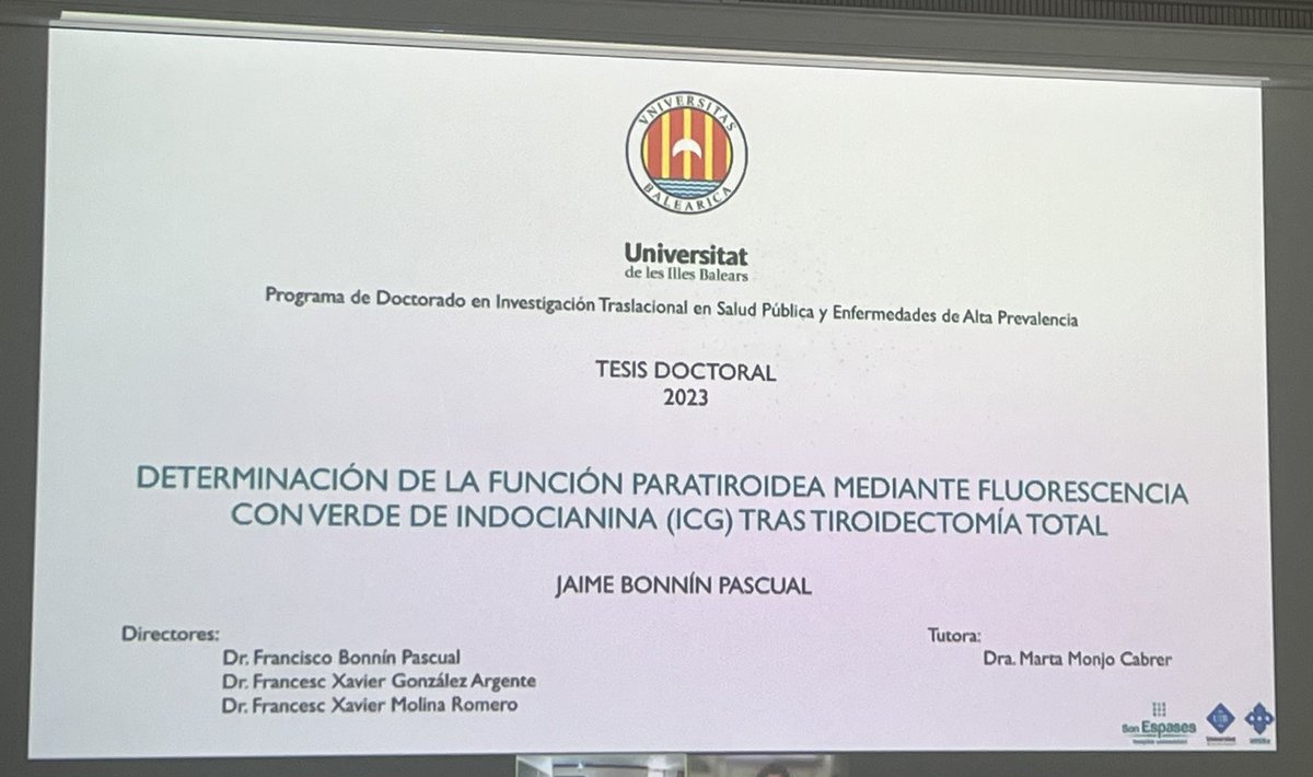 cgdsonespases's tweet photo. Enhorabuena al Dr. Bonnin @jaumebonninp por la magnífica lectura de su tesis doctoral titulada “Determinación de la función paratiroidea mediante fluorescencia con verde de indocianina (ICG) tras tiroidectomía total”. @SonEspases @sobacir @infosalut https://t.co/9eeaB2n083