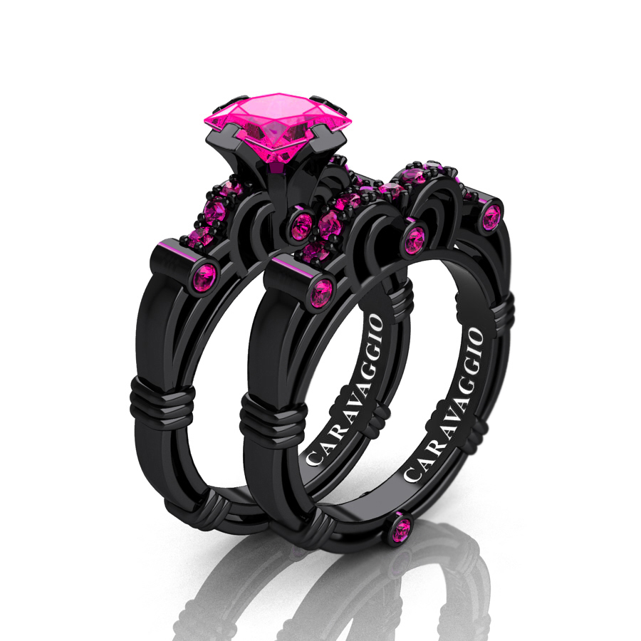 Exclusive 💎 caravaggiojewelry.com/?p=356375 Art Masters Caravaggio 14K Black Gold 1.25 Ct Princess Pink #Sapphire Engagement Ring Wedding Band Set R623PS-14KBGPS at Caravaggio™ Jewelry