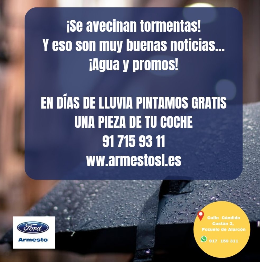 ArmestoSL1's tweet image. #PintaGratis una #pieza de tu #coche
Por cada parte que tramites con nosotros, te pintamos una pieza gratis. Ej. Dando un parte de lateral derecho, pintamos una pieza que tengas con daños de pintura. Consultar condiciones en el establecimiento.
#Diasdelluvia #Pozuelo #Taller