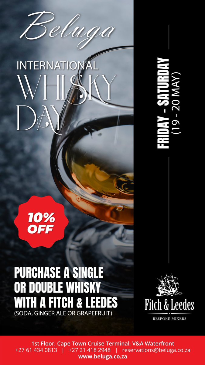 Join us this weekend in celebration of World Whisky Day🥃 
Purchase a single or double whisky with a Fitch &amp; Leedes mixer and receive 10% discount on your selected drink.