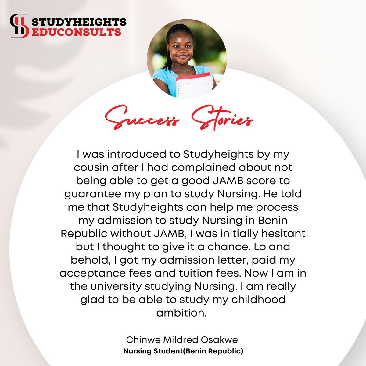 studyheights_ng's tweet photo. Sometimes you maybe hesitant but when you give it a chance, you will be convinced. 
Hear what mildred said as to her experience and how she is now studying in Benin Republic through the guidance and assistance of Studyheights.

 #studyheights #studyinbeninrepublic https://t.co/cioQj8gHIN