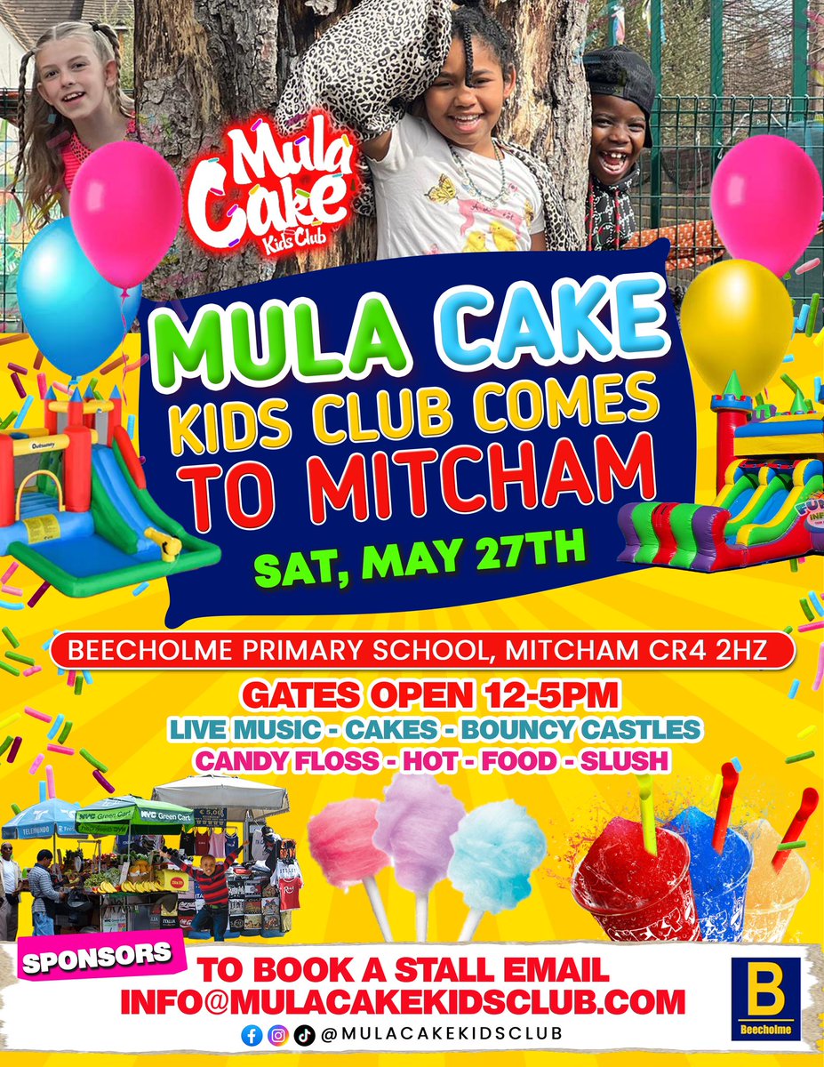 MULACAKEKIDS1's tweet photo. Yes we are back at it 😜this time we are celebrating the opening of our New Holiday club in Mitcham 🥳

Join us to celebrate on an open field for a family Funday on May 27th at @BeecholmeSchool 
Raffle, live music, bouncy castles, food, meet the team &amp; more
Stalls available https://t.co/M9thQgQCqu