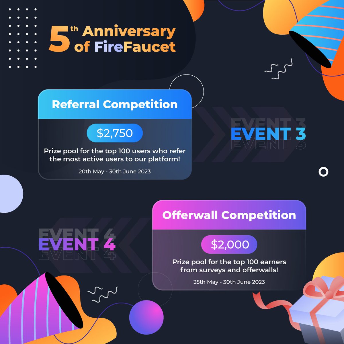 Introducing 2 new events as part of our 5th anniversary!

Learn more =&gt; firefaucet.win/competition/