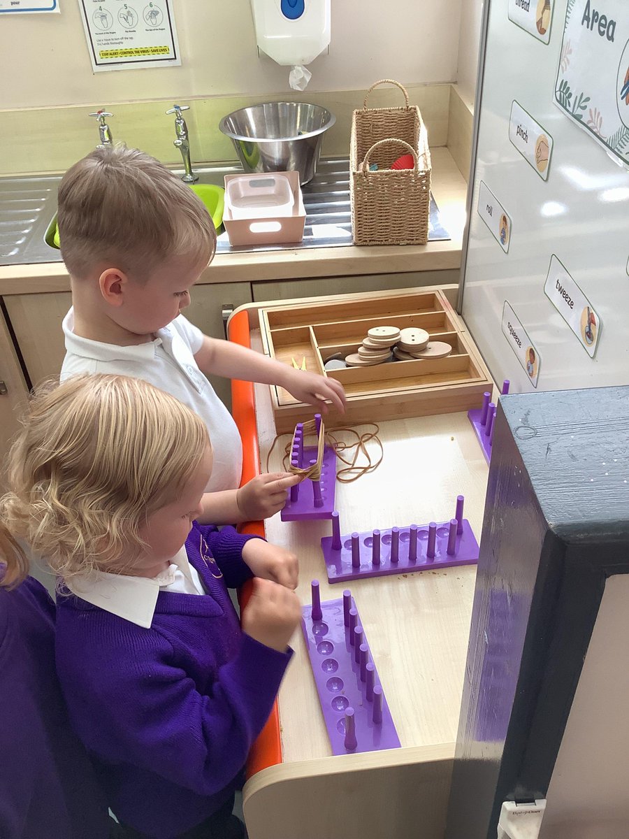 CorpusCMid's tweet photo. This week’s fun fingers challenge was to use their fine motor skills to attach the elastic bands to the stand. They were very focused during the activity and counted how many elastic bands they had attached. https://t.co/oJGsJb3frT