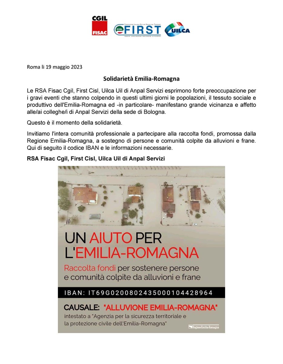 Le RSA Fisac Cgil, First Cisl, Uilca Uil di #AnpalServizi si mobilitano per le popolazioni della @RegioneER
Questo è il momento della #solidarietà
@CgilRsa
@fisac_cgil @FirstCisl @Uilcanetwork