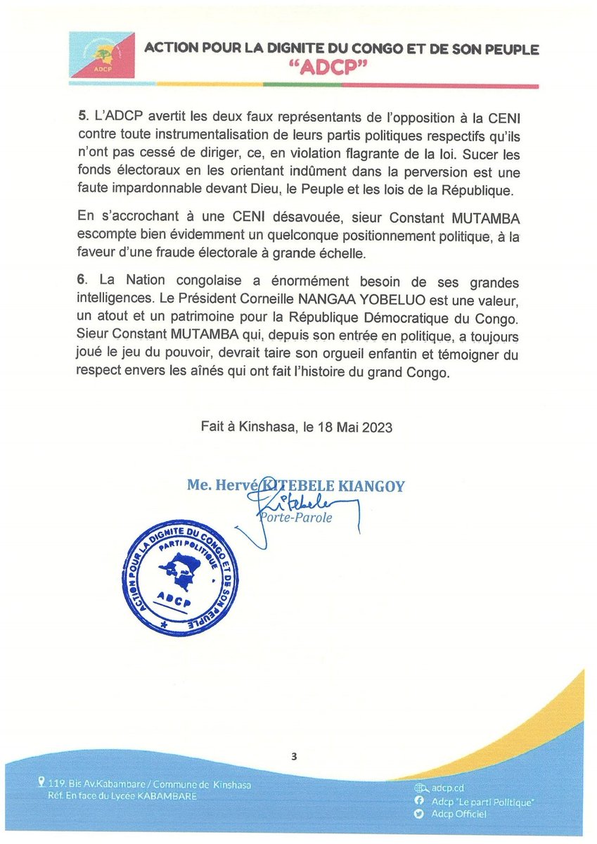 AdcpOfficiel's tweet photo. Notre mise en garde à l'égard de Constant Mutamba @ConstantMutamba 

@Kitebeleherve13 @CNangaa @actualitecd @politicocd @StanysBujakera @AlumbaLukamba @rkitsita @elysee_odia @CandideKipulu @HarmonieKembo @IsralMutombo11 https://t.co/3rS5zV2ezK