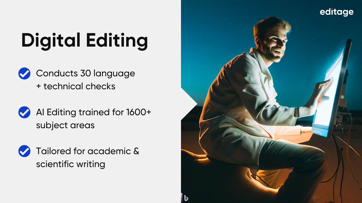 Editage's tweet image. Are you struggling with your manuscript editing? Get your manuscript ready for submission in minutes with our state-of-the-art AI editing service powered by @teampaperpal: ow.ly/AXj050OrU9g

#DigitalEditing #AI #AcademicTwitter