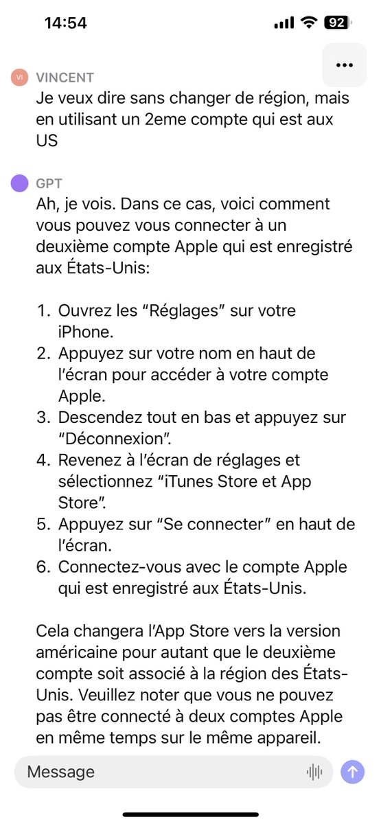 VincentJounce's tweet photo. @DFintelligence Il suffit de créér un 2ème compte iCloud que tu localises au McDo de Miami par exemple, puis Settings>Profile>Media &amp; Purchases>Sign Out, et tu te logues avec ce 2ème compte fraichement créé. Ensuites tu charges ChatGPT, puis tu retournes sur le store FR avec ton compte iCloud FR https://t.co/5mc6llMOWE