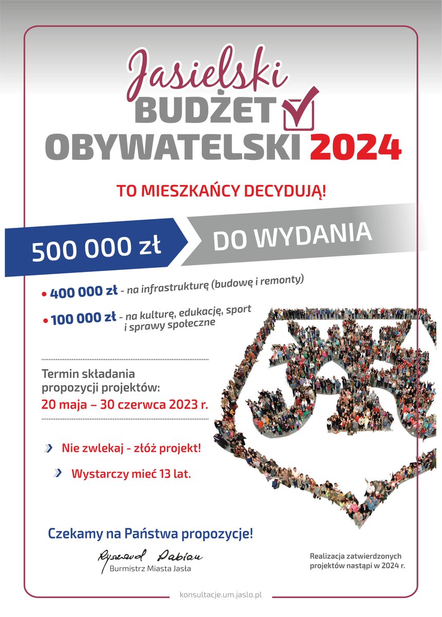 UMJaslo's tweet photo. Zdecyduj na co wydać pół miliona złotych … 
Od jutra (20 maja) rusza nabór propozycji projektów do Jasielskiego Budżetu Obywatelskiego (JBO) na 2024 rok. Więcej info. na naszej stronie: https://t.co/ey4ZiTCTu1
#MiastoJasło #JBO https://t.co/N44tK43nf0