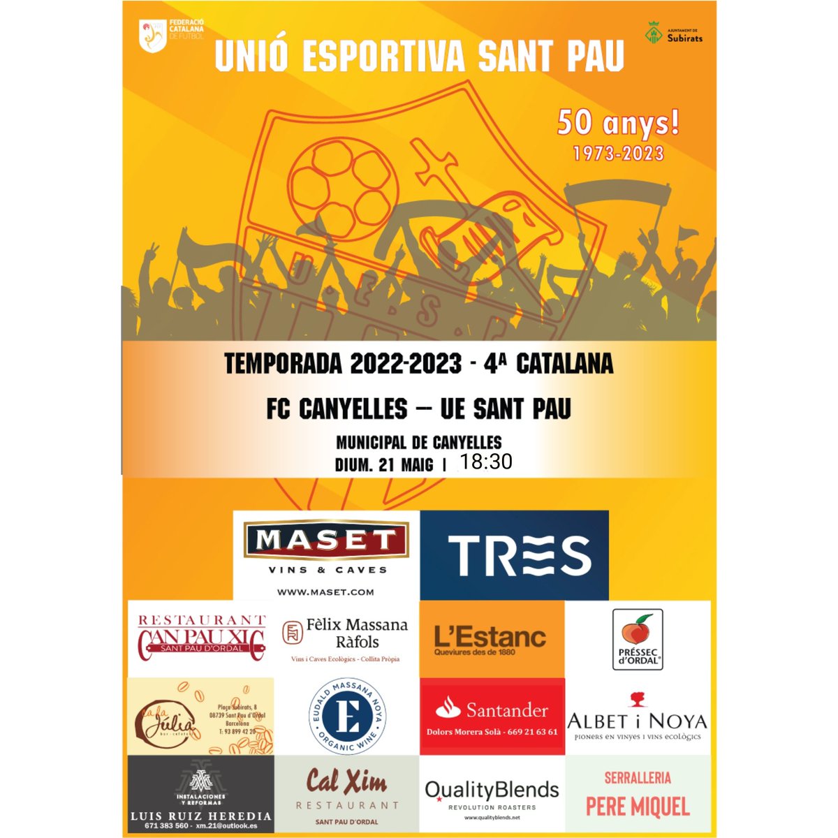 ⚽JORNADA 30⚽
@fccanyelles vs UE Sant Pau
ÚLTIM PARTIT DE LA TEMPORADA❗

Gran partit per despedir la temporada regular. La lliga està més que apretada i aquests 3 punts són vitals per acabar en una bona posició! 

Us hi esperem a tots per despedir aquesta lliga 2022-23!