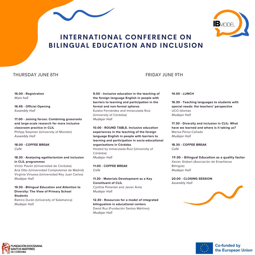 Ibmodelproject's tweet photo. Los próximos 8 y 9 de junio tienes una cita con nosotros 👏🏻!
“International Conference on Biliingual Education and Inclusion 💬” en el Rectorado de la Universidad de Córdoba.

Más info aquí ➡️ https://t.co/biqjknkesF

Te esperamos 😉@sepiegob https://t.co/Yzp3WXxAdN