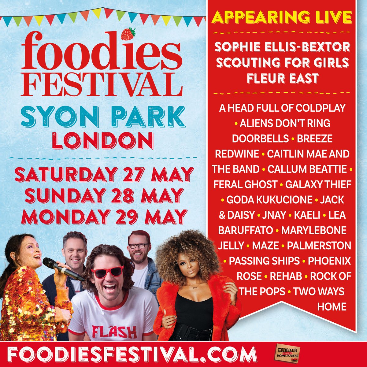 London @foodiesfestival announcing on the Musicians Against Homelessness stage. Headliners @SophieEB @Scouting4Girls @FleurEast and a top line-up! Foodies is the UK's biggest touring celeb food & music fest. foodiesfestival.com