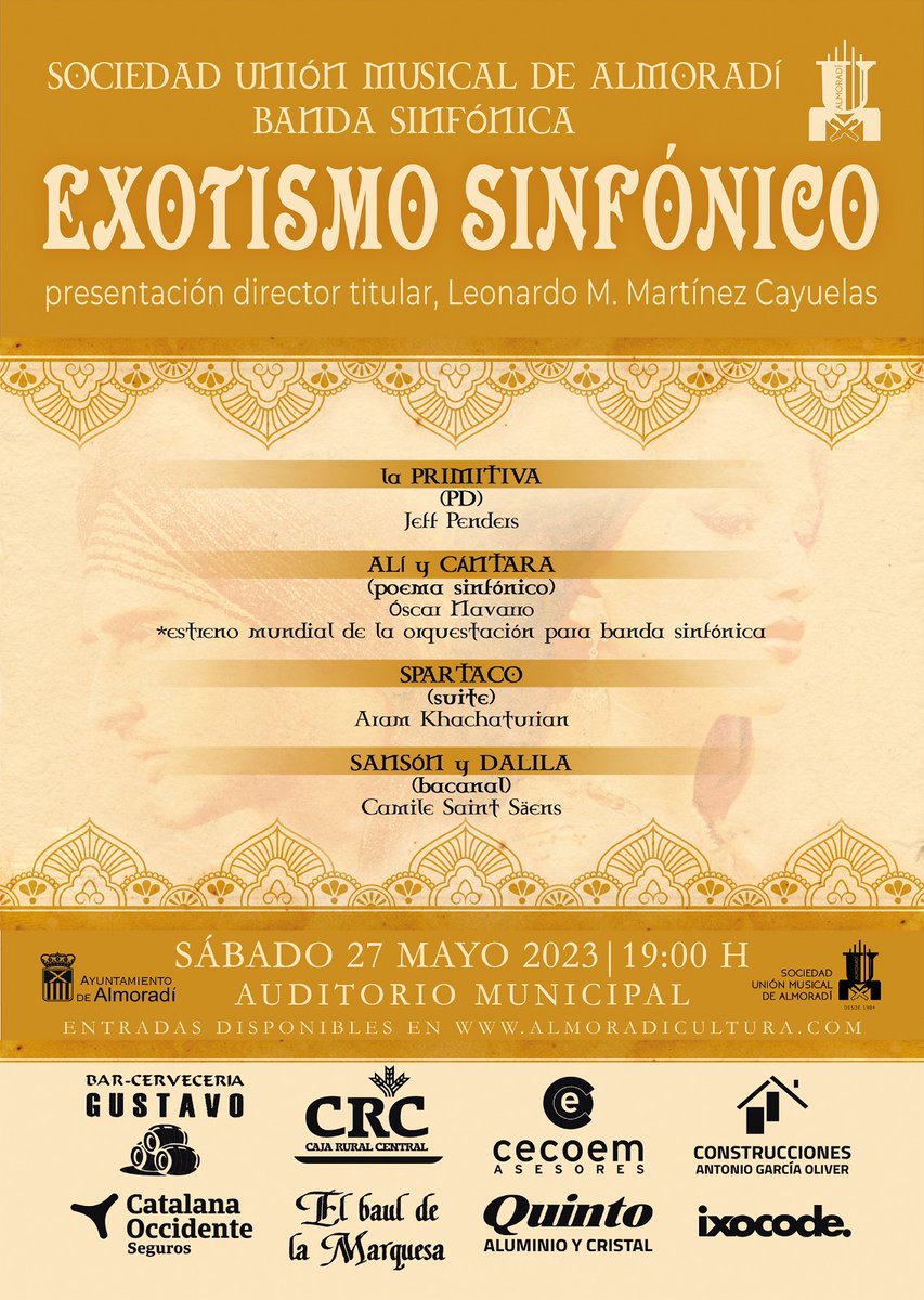 Os invitamos a conocer las obras que se podrán escuchar el próximo sábado en el concierto que, bajo el título EXOTISMO SINFÓNICO, ofrecerá la banda sinfónica de la UNIÓN MUSICAL 

EXOTISMO SINFÓNICO, ‘SPARTACUS’ de A. KACHATURIAN 
bit.ly/3IpliDp