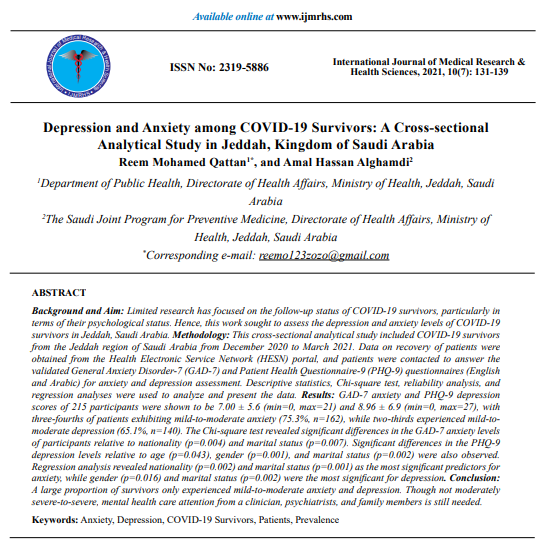 ijmrhs's tweet photo. 😝 Will regret it if miss this paper!

📝: #Depression and #Anxiety among #COVID-19 #Survivors: A Cross-sectional #Analytical #Study in Jeddah, Kingdom of Saudi Arabia

Authors 💎: Dr. Reem Mohamed Qattan and Dr. Amal Hassan Alghamdi

Read more: https://t.co/7YSKLtAoIV https://t.co/BPkxiHuWwZ